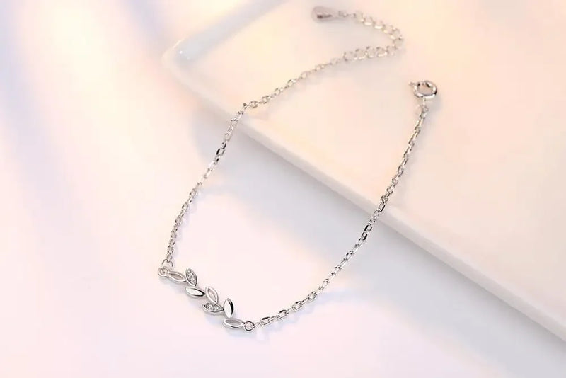 925 Sterling Silver Leaves Charm Bracelets For Women Crystal Jewelry pulseira