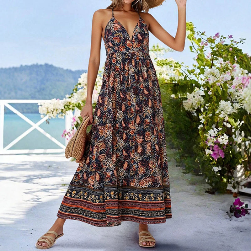 Mia Muse Dresses Summer Vacation Style Floral Print Sleeveless Plunge Neck Regular Fit Maxi Cami Dresses For Women