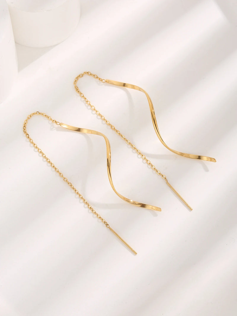 Stainless Steel 18K Gold Plated Curve Dangle Earrings for Women Teen Girls Wave Dangle Earrings Threader Tassel