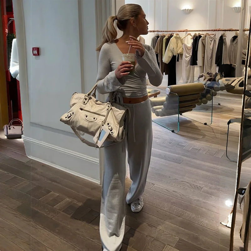 Apprabant Casual Fashion Drawstring High Waist Trousers Set Lace Up Flared Sleeve V Neck Twist Tops Plush Loose Pants Suit