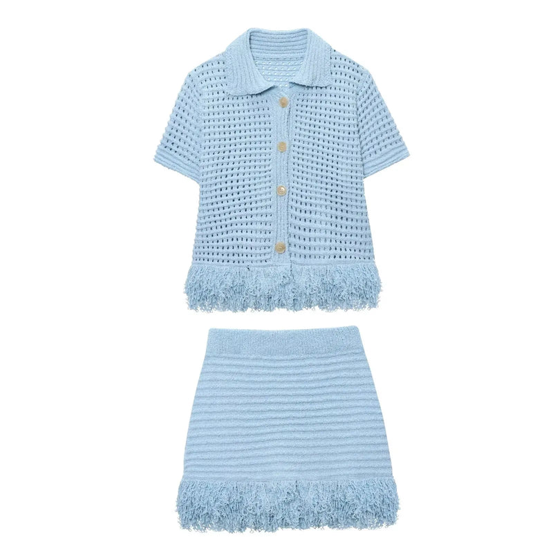 Sexy Irregular Solid Knit Short Skirt Sets Women Chic Sleeveless Hollow Out Single Breasted Top 2 Piece Suit Holiday Street Wear