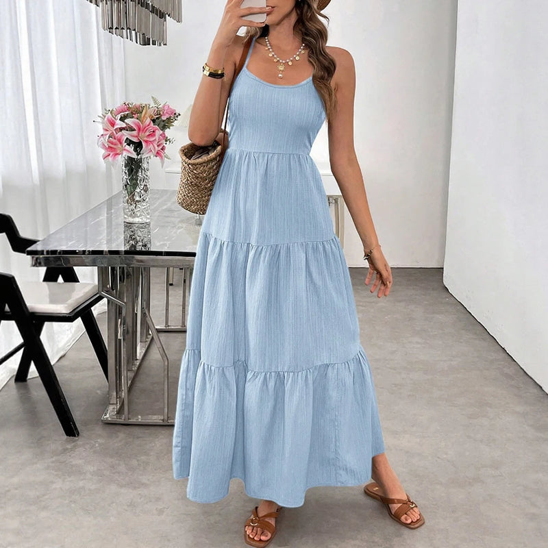 Mia Muse Summer Dresses 2025 Women's Beach Plain Bowknot Backless Spaghetti Strap Scoop Neck Layered Midi Basics Dresses