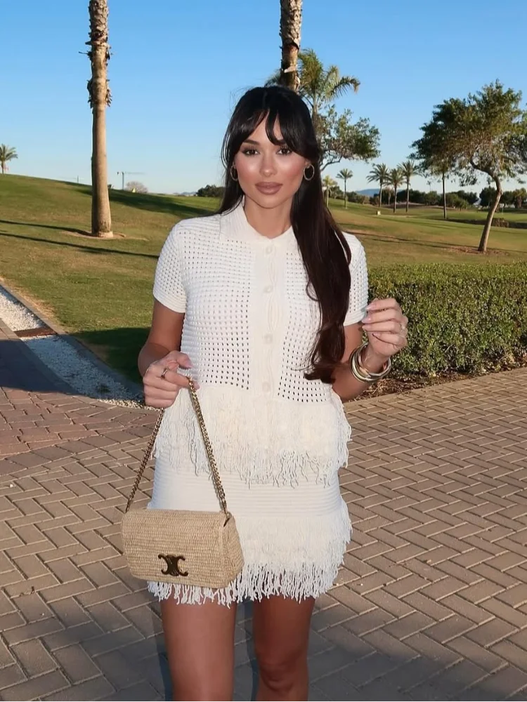 Sexy Irregular Solid Knit Short Skirt Sets Women Chic Sleeveless Hollow Out Single Breasted Top 2 Piece Suit Holiday Street Wear