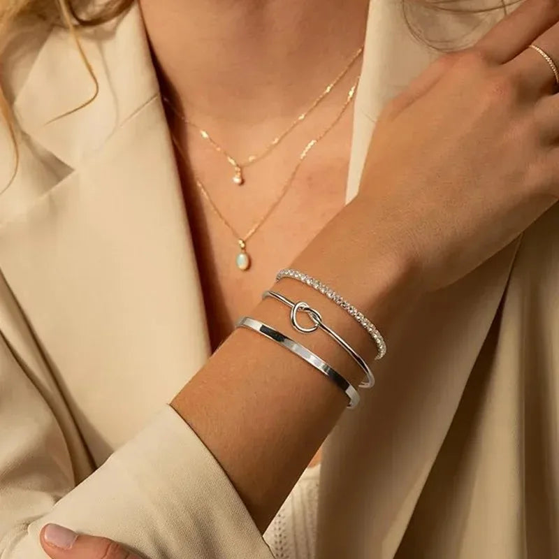 3pcs/set Stainless Steel Stack Cuff Bracelets for Women 14K Silver Plated Adjustable Jewelry Luxury CZ Chain Love Knot Bangles
