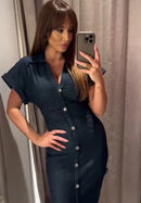 ETJ 2025  Spring New 1975 series denim MIDI dress with lapel side zipper fashion wrinkle waist slim elegant dress