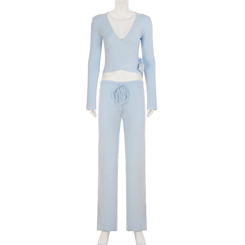 Apprabant Casual Fashion Drawstring High Waist Trousers Set Lace Up Flared Sleeve V Neck Twist Tops Plush Loose Pants Suit