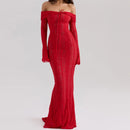 Oligai Elegant Off The Shoulder Bodycon Dress 2024 New in White Flare Sleeve Lace Maxi Dress Wedding Guest Dress for Women