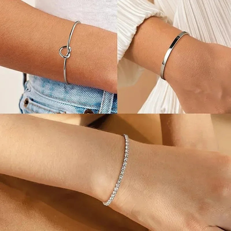 3pcs/set Stainless Steel Stack Cuff Bracelets for Women 14K Silver Plated Adjustable Jewelry Luxury CZ Chain Love Knot Bangles