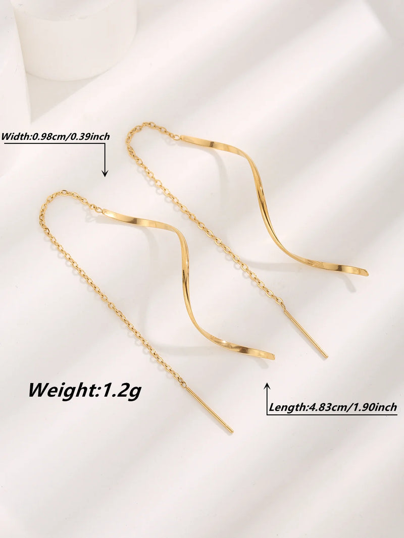 Stainless Steel 18K Gold Plated Curve Dangle Earrings for Women Teen Girls Wave Dangle Earrings Threader Tassel