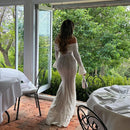 Oligai Elegant Off The Shoulder Bodycon Dress 2024 New in White Flare Sleeve Lace Maxi Dress Wedding Guest Dress for Women